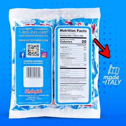 Zotz Fizzy Old Fashioned Hard Candy Fruit Flavored Blue Raspberry Candy, Individually Wrapped Hard Candy, From Italy Since 1970 (Bag 46 Units)