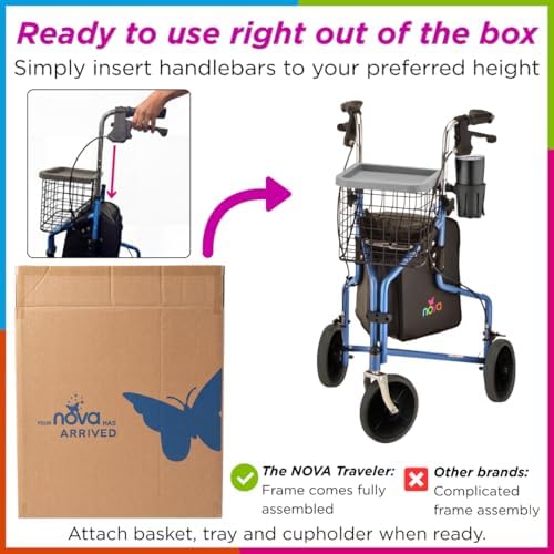 NOVA Traveler Folding 3-Wheel Walker with Tray, Basket, Pouch & Cup Holder, Lightweight Mobility Aid for Seniors & Adults, 8” All-Terrain Wheels for Tight Spaces & Travel, Blue