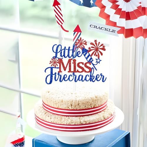 Little Miss Firecracker Cake Topper, 4th of July Birthday Cake Decorations, Patriotic America Independence Day Theme Baby Shower/Gender Reveal/Birthday Party Decorations