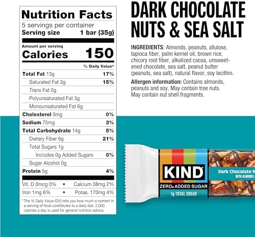 Kind Zero Added Sugar Healthy Snacks Bars, Dark Chocolate Nuts & Sea Salt, Gluten Free, High Fiber, Keto Snacks, 5g Protein, 5 Count