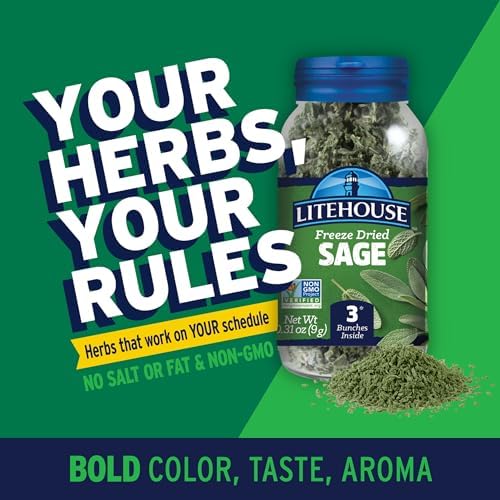 Litehouse Freeze Dried Sage - Substitute for Fresh Sage, Jar Equal to 3 Sage Fresh Bunches, Organic, Sage Seasoning, Non-GMO, Gluten-Free - 0.30 Ounce