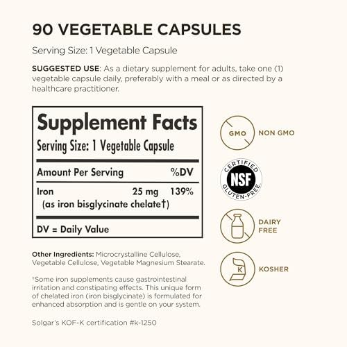 Solgar Gentle Iron 25mg, 90 Vegetable Capsules - Energy, Normal Red Blood Cell Production - Gentle on the Stomach - Non-GMO, Vegan, Gluten Free, Dairy Free, Kosher - 90 Servings