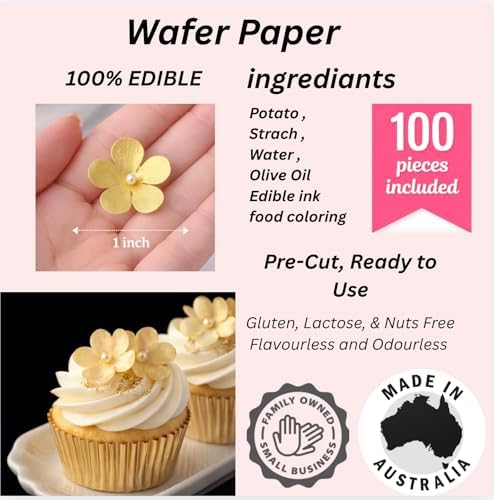 x100 Blossom Flowers (Shiny Gold) Handcrafted Edible Wafer paper flower topper for cakes/wafer flower/winter wedding cake topper/cupcake topper /