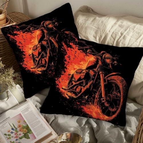 Flaming Motorcycle Pillow Covers 18x18 Set of 2 | Biker Decorative Cushion Cases | Fire Motorbike Pillowcases | Bold Garage Throw Covers for Sofa Living Room Bedroom Decor
