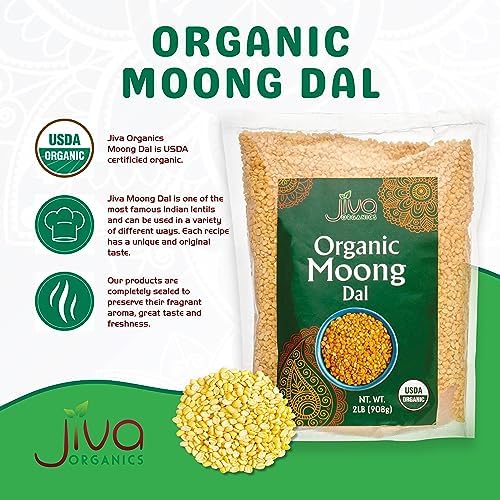 Jiva Organic Yellow Moong Dal 2 LB - Non-GMO, Gluten Free - Great for Kitchari - Split Yellow Mung Beans