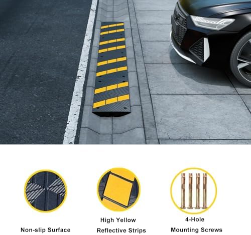 Rubber Curbside Bridge Ramps, Heavy Duty Driveway Curb Ramps with Yellow Reflective Strips for Car, Truck, Scooter, Wheelchair, Garage, Loading Dock, Sidewalk (2 Pack)
