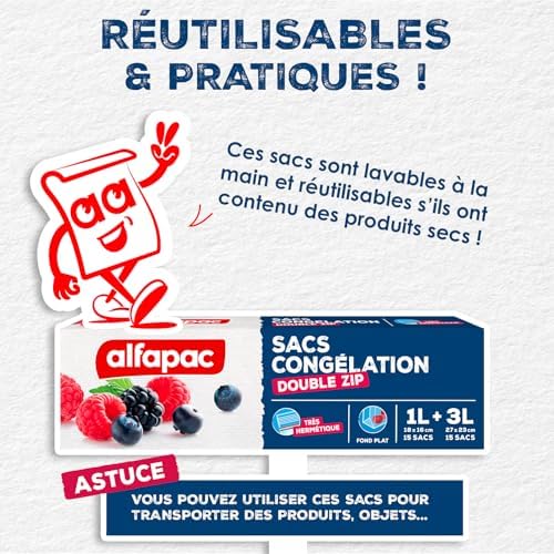 alfapac - Unisex Double Zip Freezer Bags - Airtight & Reusable - Made in France - Certified Origin France Guarantee - Protectors & Preservatives - 15 x 1L & 15 x 3L