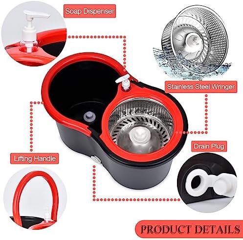 Spin Mop and Bucket with Wringer Set, 360° Spinning Mop Bucket System with 3 Microfiber Mop Replacement Heads and 61" Stainless Steel Adjustable Handle for Floor Cleaning