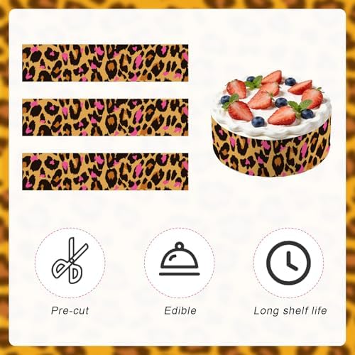 3pcs Pink Leopard Edible Cake Borders, 11.02x2.44in Pre-Cut Edible Wrap Strips Glutinous Rice Paper Birthday Cake Decorations for Leopard Theme Birthday Party Supplies