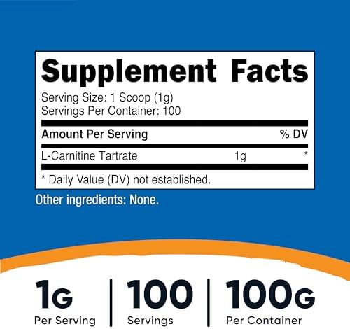 Nutricost L-Carnitine Tartrate Powder (100 Grams) - 1 Gram per Serving; 100 Servings