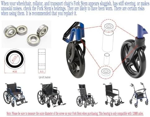 Wheelchair Fork Stem Bearing,Rollator Fork Stem Bearing,Front Wheel Fork Bearings,Compatible with 12MM axles,ID12*OD28*T8mm,Transport Chairs,Rollator,Wheelchair Replacement Parts(4pcs)