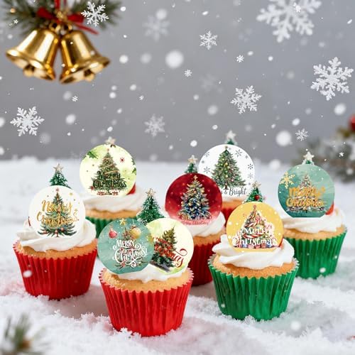 36PCS Edible Christmas Tree Cupcake Toppers Wafer Paper Merry Christmas Tree Cupcake Picks for Christmas Theme New Year Party Baby Shower Birthday Supplies