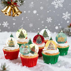 36PCS Edible Christmas Tree Cupcake Toppers Wafer Paper Merry Christmas Tree Cupcake Picks for Christmas Theme New Year Party Baby Shower Birthday Supplies