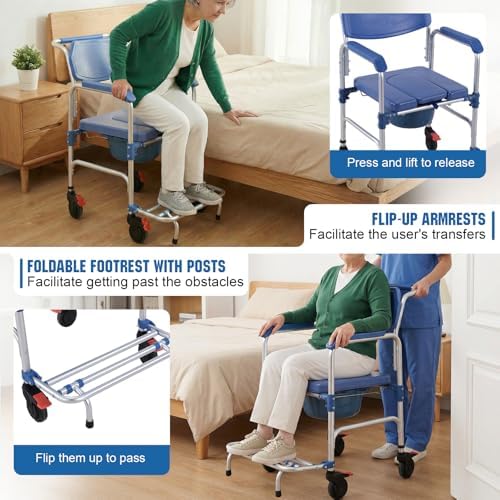 3 in 1 Foldable Rolling Shower Chair with Wheels Drop Arms Adult Chair for Seniors Bedside Commode Anti-Tilt Foldable Footrest Holds Up to 330 Lbs Removable Bucket for Disabled and Pregnant (01)