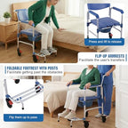 3 in 1 Foldable Rolling Shower Chair with Wheels Drop Arms Adult Chair for Seniors Bedside Commode Anti-Tilt Foldable Footrest Holds Up to 330 Lbs Removable Bucket for Disabled and Pregnant (01)