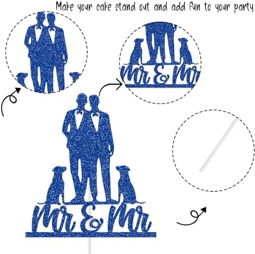 Gay Wedding Cake Topper, Mr & Mr Cake Topper With Dog Black Color Acrylic Silhouette Wedding Aniversary Party Engagement, Blue Glitter