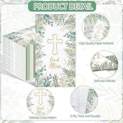 100PCS Greenery Religious Paper Napkins 3 Ply Blessed Cross Disposable Hand Towels for Bathroom Decorative Eucalyptus Guest Napkins for First Communion Holy Baptism Wedding Religious Spring Party