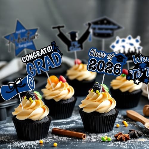 2026 Graduation Cupcake Toppers, 48 Pcs Class of 2026 Cupcake Toppers Congrats Grad Cupcake Picks for Dessert Food Pizza for Graduation Party Decorations (Blue Black)