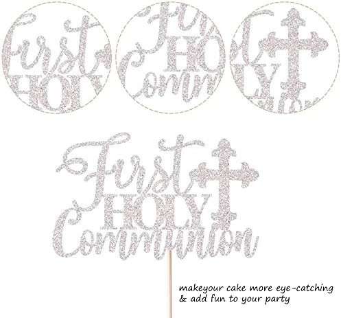 Rsstarxi 1 Pack First Holy Communion Cake Topper Glitter Christian Baby Baptism God Bless Cake Pick First Communion Theme Baby Shower Birthday Party Cake Decorations Supplies Silver