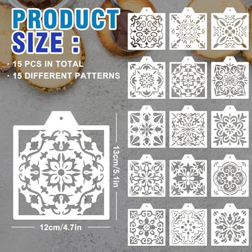Whaline 15 Pcs Floral Tile Cookie Stencils Chinoiserie Tiles Airbrush Painting Stencils with Bead Chain Decor Biscuit Coffee Cake Baking Reusable Templates for DIY Crafts Birthday Party