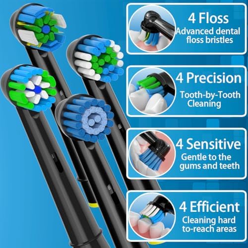 Qitizu Replacement Heads Compatible with Oral B Braun Electric Toothbrush, Replacement Toothbrush Heads Fit for Oral-b Pro 1000/7500/3000/7000/8000/500, 16 Packs (Black)