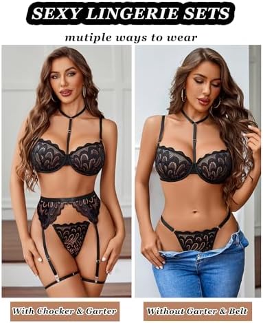 Avidlove Lingerie For Women Sexy Bra And Panty Sets With Garter Belt 3 Piece Underwire Lingeries Set Babydoll Bodysuit