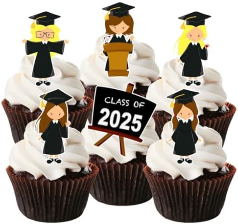 Graduation Boy Girl Mix Edible Cupcake Toppers - Stand Up Wafer Cake Decorations, 2025 Graduation Edible Cake Decoration, 2 Inch / 5cm UNCUT (Pack of 24)