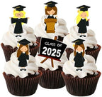 Graduation Boy Girl Mix Edible Cupcake Toppers - Stand Up Wafer Cake Decorations, 2025 Graduation Edible Cake Decoration, 2 Inch / 5cm UNCUT (Pack of 24)