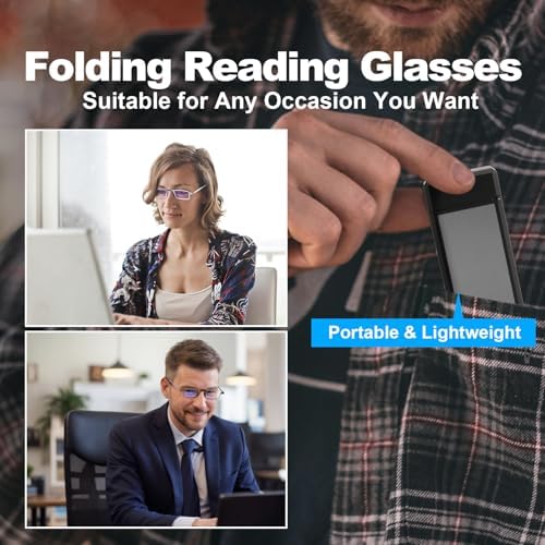 2 Pack Upgraded Durable Ultra Thin and Lightweight Folding Reading Glasses for Men Women, Blue Light Blocking Compact Computer Foldable Readers, Pocket Portable Sturdy Frame Black & Blue 1.25x