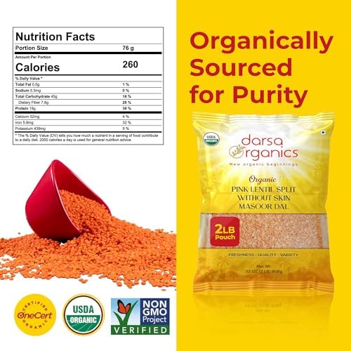 Darsa Organics Split Red Lentils (Masoor Dal) 2 lb |USDA Organic, Non-GMO, Vegan, Kosher| Rich in Protein & Fiber | Great for Soups, Salads & Curries