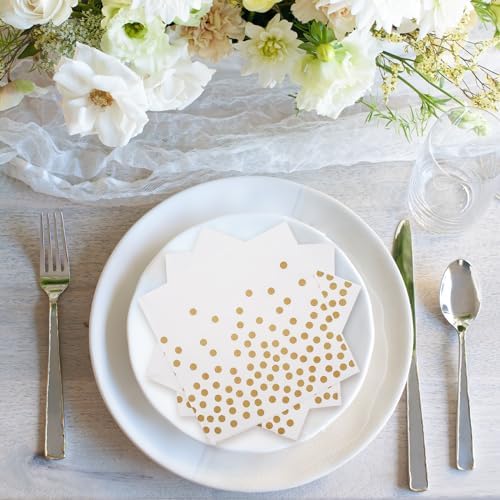 100 Pcs White Cocktail Napkins for Party,Disposable White beverage Napkins for Bar Wedding Birthday(Not gold leaf polka dots)