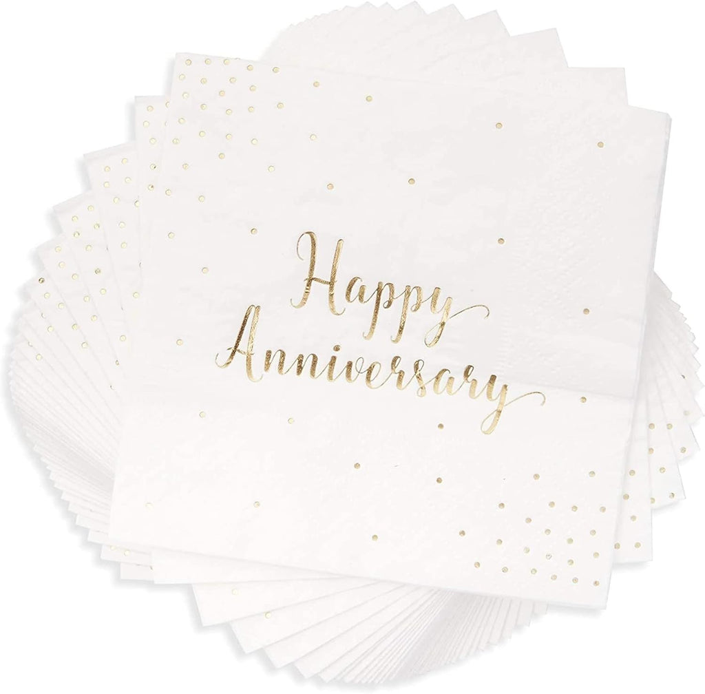BLUE PANDA Happy Anniversary Napkins - 5 x 5 In, 3-Ply, 50 Pack, Elegant Gold Foil - Disposable Anniversary Paper Goods & Cocktail Napkins for Wedding Party Decor