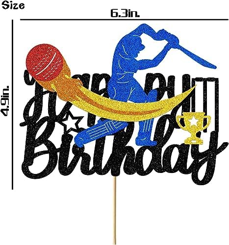 Cricket Theme Happy Birthday Cake Topper – Multilayer Glitter Cardstock – Cricket Player, Bat, Ball & Trophy – Sports Birthday Party Decoration