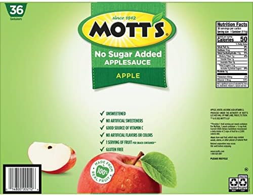 Mott's No Sugar Added Applesauce, 3.9 Oz Cups, 36 Count, Good Source Of Vitamin C, No Artificial Flavors