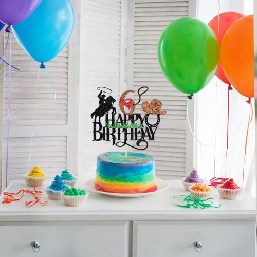 Happy birthday Cake Topper,Western Cowboy 6th Cake Decorations, Little Cowboy,Boy Girl Glitter Birthday Decorations,Rodeo Party Decorations