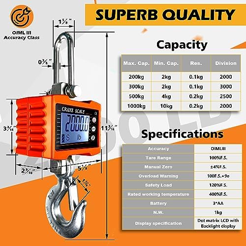 YATOINTO 2200lb Digital Crane Scale High Precision Heavy Duty Industrial Hanging Scale with Remote Control Aluminum Case CE Certified Electronic Weighing Crane Scale, for Garage Farm Hunting (Orange)