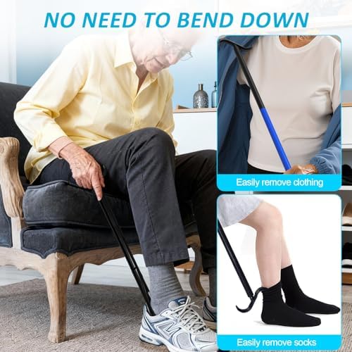 MXCOIRTP Assistive Device No Bending Kit for Elderly -Sock Aids, Foldable Reacher Grabber with 360° Rotating Jaw & Magnet, Long Shoe Horn Handle & Dressing Stick & Back Scratcher for Seniors, Disabled
