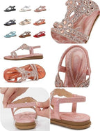 Women's Open Toe Rhinestones Flat Sandals,Sexy Summer Boho Elastic Slingback Ankle Strap Casual Dressy Beach Shoes