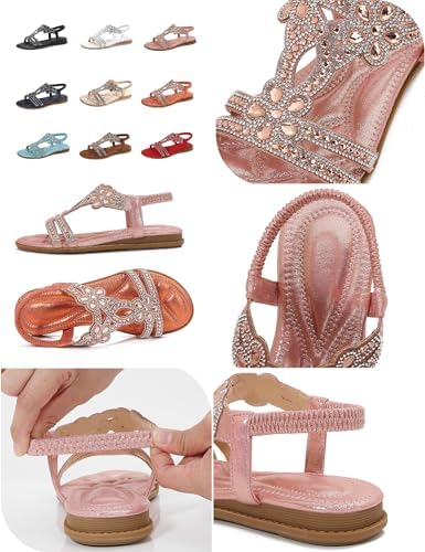 Women's Open Toe Rhinestones Flat Sandals,Sexy Summer Boho Elastic Slingback Ankle Strap Casual Dressy Beach Shoes