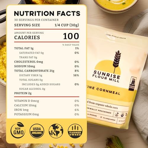 Sunrise Flour Mill Organic Fine Cornmeal | 2 LB | Yellow Cornmeal | Corn Flour | Fine Corn Meal | Milled from Organic Whole Kernel | No Artificial Ingredients | Non-Aluminum Baking Powder