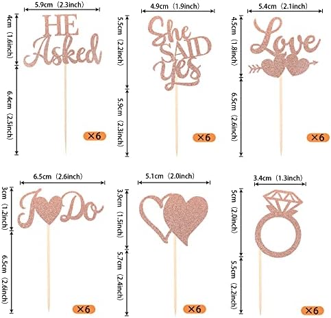 36 Pack He Asked She Said Yes Cupcake Toppers Glitter Ring Love Heart I do Cupcake Food Picks for Wedding Engagement Bridal Shower Party Cake Decorations Supplies Rose Gold