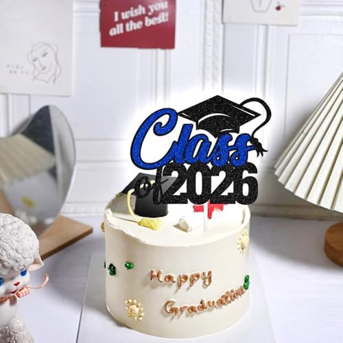 Aeryourtar Class of 2026 Cake Topper, Congrats Grad 2026 Graduation Cake Decor, So Proud of You, High School/College Graduate Celebration Party Decoration Supplies, Black and Blue Glitter