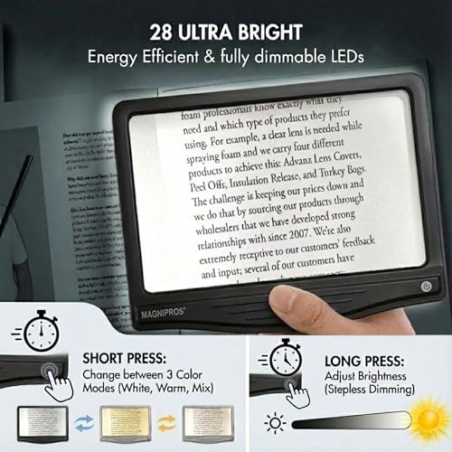 MagniPros 5X Rechargeable Large Ultra Bright LED Page Magnifier with Anti-Glare Lens & 3 Color Dimmable Light Modes, Relieve Eye Strain- Ideal for Reading Small Prints, Low Vision, Seniors