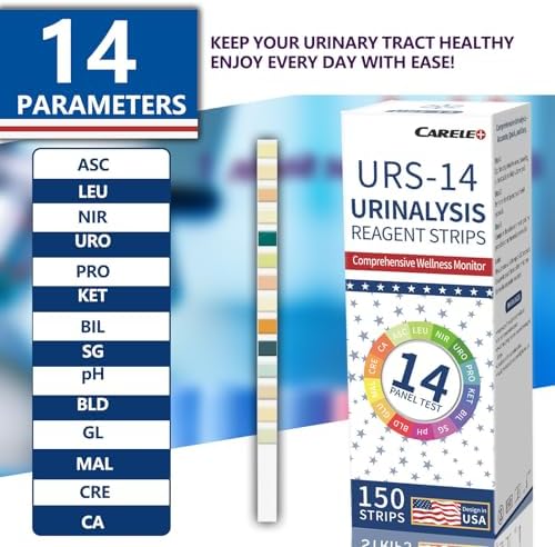 14 Parameters Urine Test Strips for Urinalysis | 150 Strips - Testing for Kidney, Liver, UTI, Keto Diet, Ketosis, PH, KET, Prot, SG, BIL, CRE, BLO, and +7 More