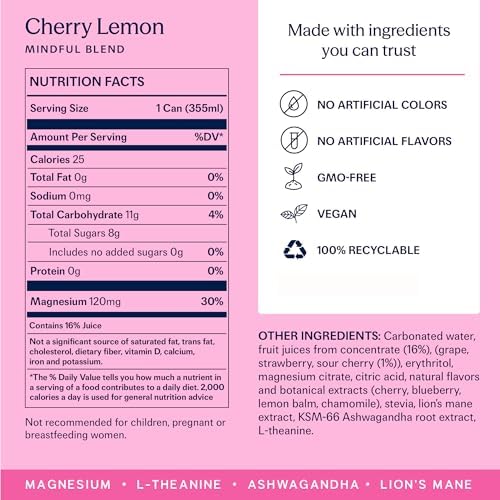 TRIP Lightly Sparkling Adaptogen Drink, Non Alcoholic Drink with Magnesium, Ashwagandha, Lions Mane & L Theanine, No Added Sugar Mocktail, Vegan, Cherry Lemon, 12 Oz, 12Pk