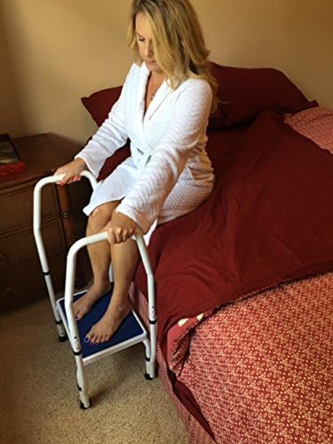 Platinum Health AdjustaStep(tm) DoubleSafe Deluxe Step Stool/Footstool with Dual Handle/Handrail, Height Adjustable. Modern White/Blue Design. Padded Non-Slip Hand Grips