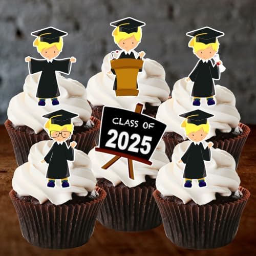 Graduation Boy #2 Edible Cupcake Toppers - Stand Up Wafer Cake Decorations (Pack of 24)