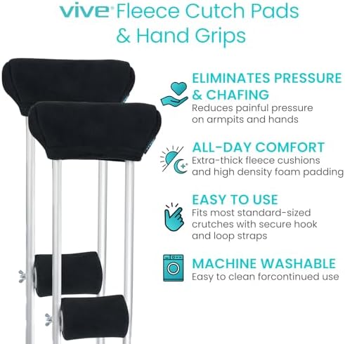 Vive Fleece Crutch Pads & Hand Grips – Soft Underarm Cushion Padding for Crutches – Comfortable Foam Support, Washable, Breathable Accessories for Adults & Youth – Armpit Pain Relief (Black)