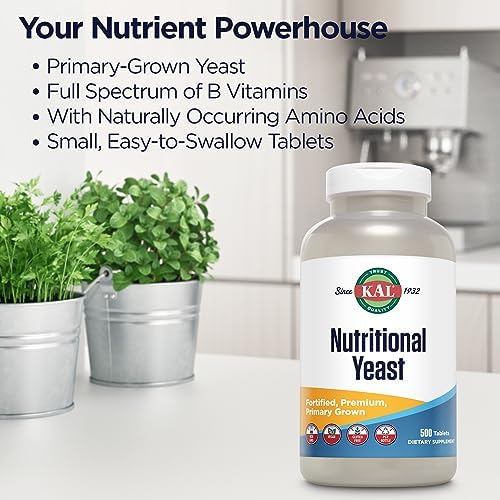 KAL Nutritional Yeast Supplement, Fortified w/ B12, Biotin, Folic Acid, Other B Vitamins, Naturally Occurring Amino Acids, Healthy Hair, Skin & Energy Support, Vegan, Gluten Free, 83 Serv, 500 Tablets