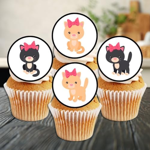 24 Cute Kittens Edible Cupcake Toppers, Stand Up Discs Wafer Cake Decorations Cat Birthday Decorations, Cat Cake Toppers, Edible Birthday Party Cookie Decor, 1.5 inch / 4cm UNCUT